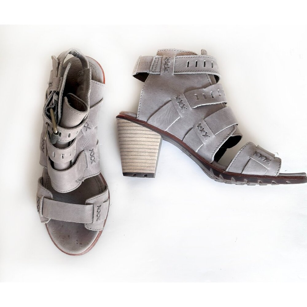 Sorel Leather Nadia Sandals Women 6.5 Peep Toe Heels Gray Strappy Buckles Boho - Picture 2 of 7